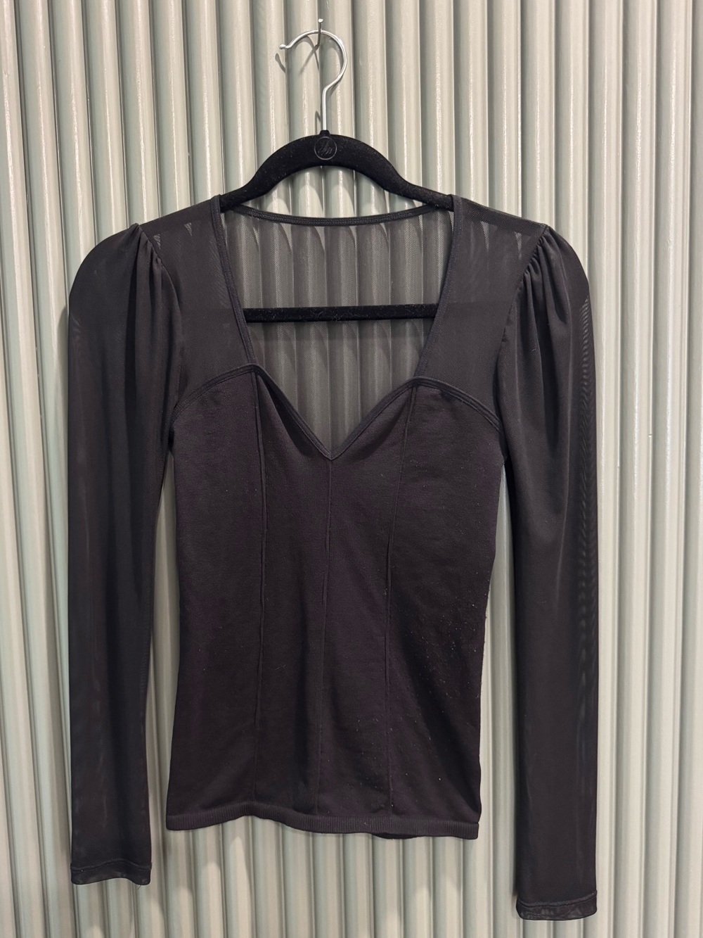 Free People Black Long Sleeve Sweetheart Mesh-Inset Top